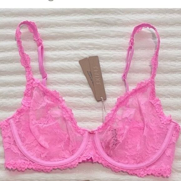 NWT SKIMS Stretch Lace Intimates Underwire Scoop Pink Sexy Lingerie Sheer Bra - Picture 6 of 7